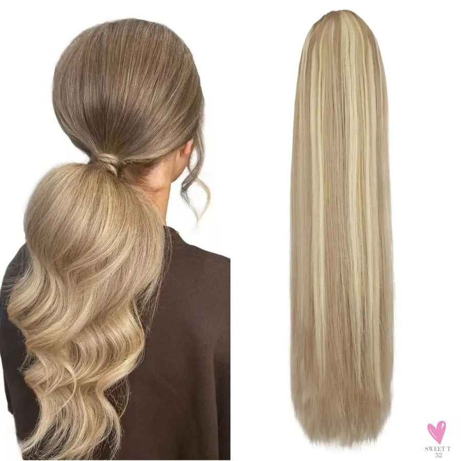 Highlight Blonde Long Ponytail 120G Clip In Hair Extensions Drawstring Straight Clip In 100% Real Human Hair Extensions #P8/613 SWEET T 52