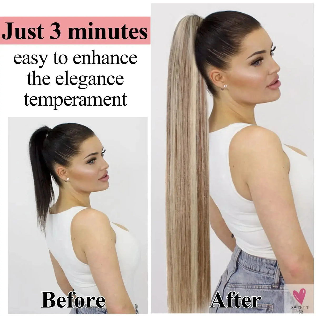 Highlight Blonde Long Ponytail 120G Clip In Hair Extensions Drawstring Straight Clip In 100% Real Human Hair Extensions #P8/613 SWEET T 52