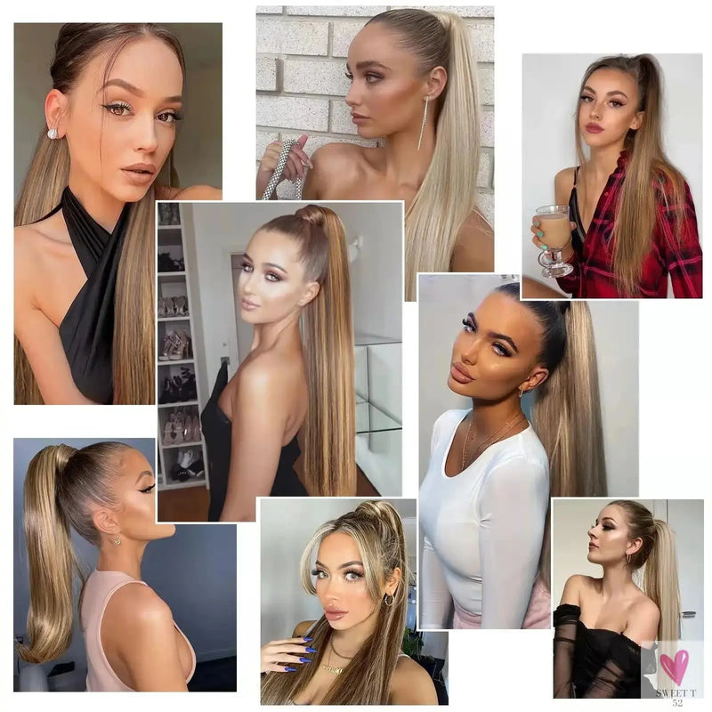 Highlight Blonde Long Ponytail 120G Clip In Hair Extensions Drawstring Straight Clip In 100% Real Human Hair Extensions #P8/613 SWEET T 52