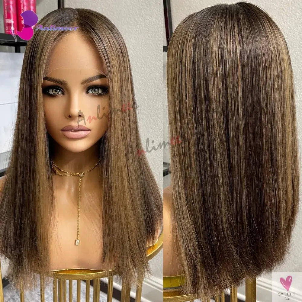 Highlight Brown Silk Base Wigs, Human Hair. Glueless Human Hair Wigs with Brown Roots, 200 Density Lace Front Wigs, Short Bob Wigs Sweet T 52