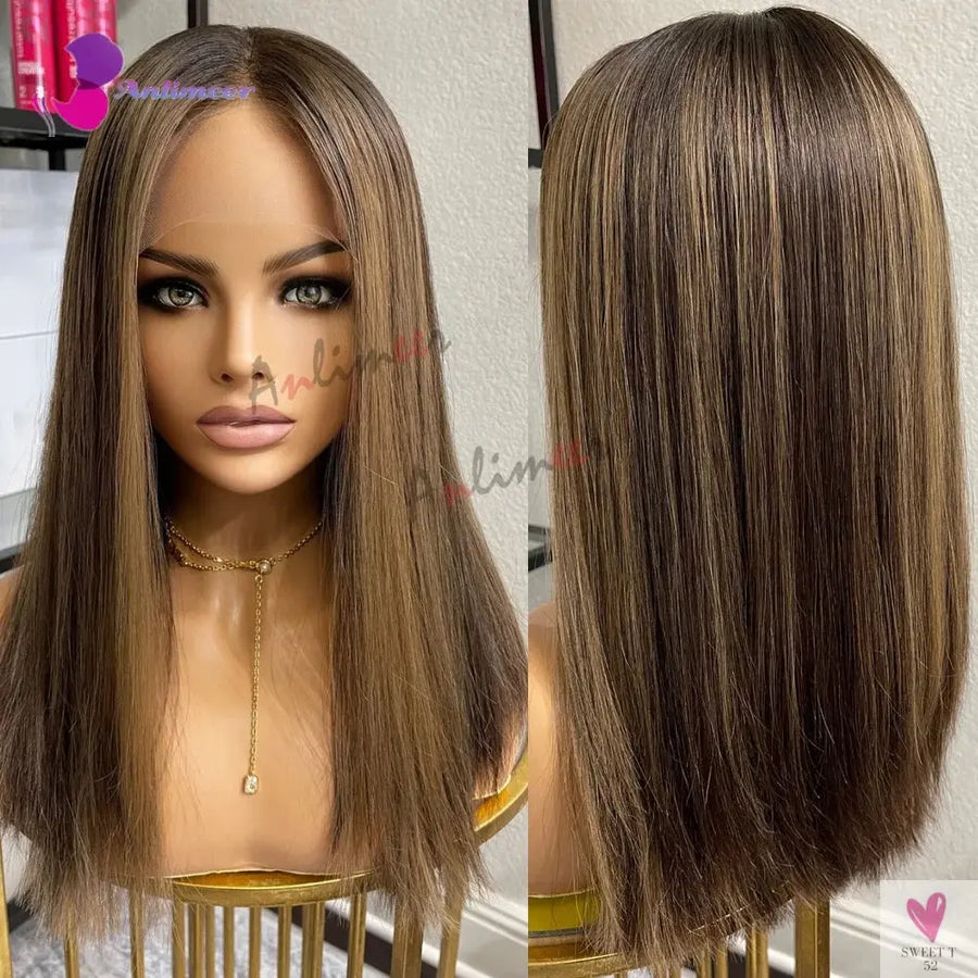 Highlight Brown Silk Base Wigs, Human Hair. Glueless Human Hair Wigs with Brown Roots, 200 Density Lace Front Wigs, Short Bob Wigs Sweet T 52