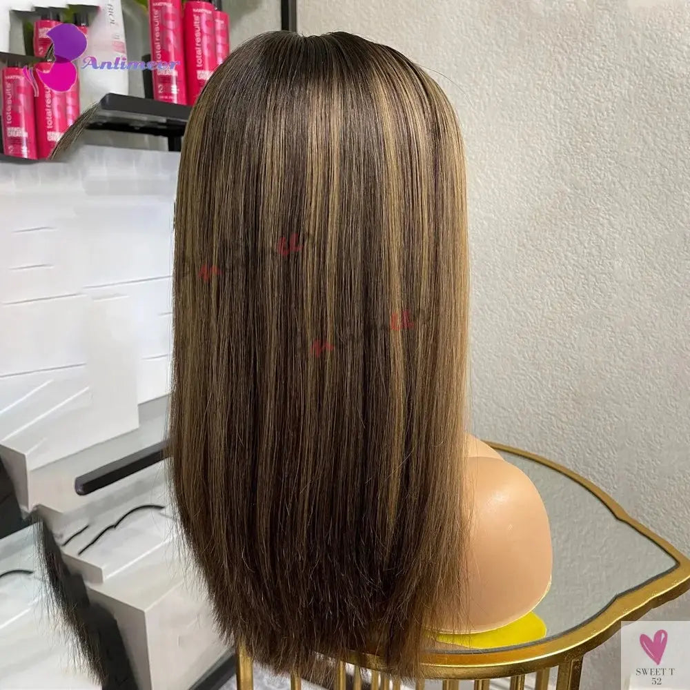 Highlight Brown Silk Base Wigs, Human Hair. Glueless Human Hair Wigs with Brown Roots, 200 Density Lace Front Wigs, Short Bob Wigs Sweet T 52