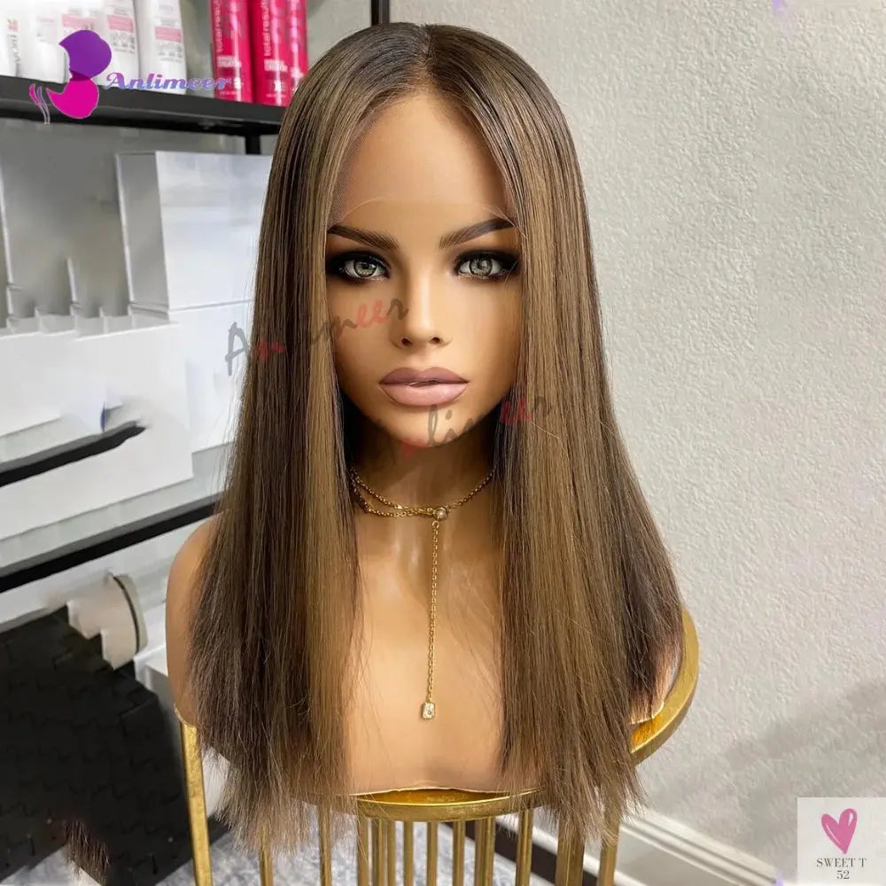 Highlight Brown Silk Base Wigs, Human Hair. Glueless Human Hair Wigs with Brown Roots, 200 Density Lace Front Wigs, Short Bob Wigs Sweet T 52