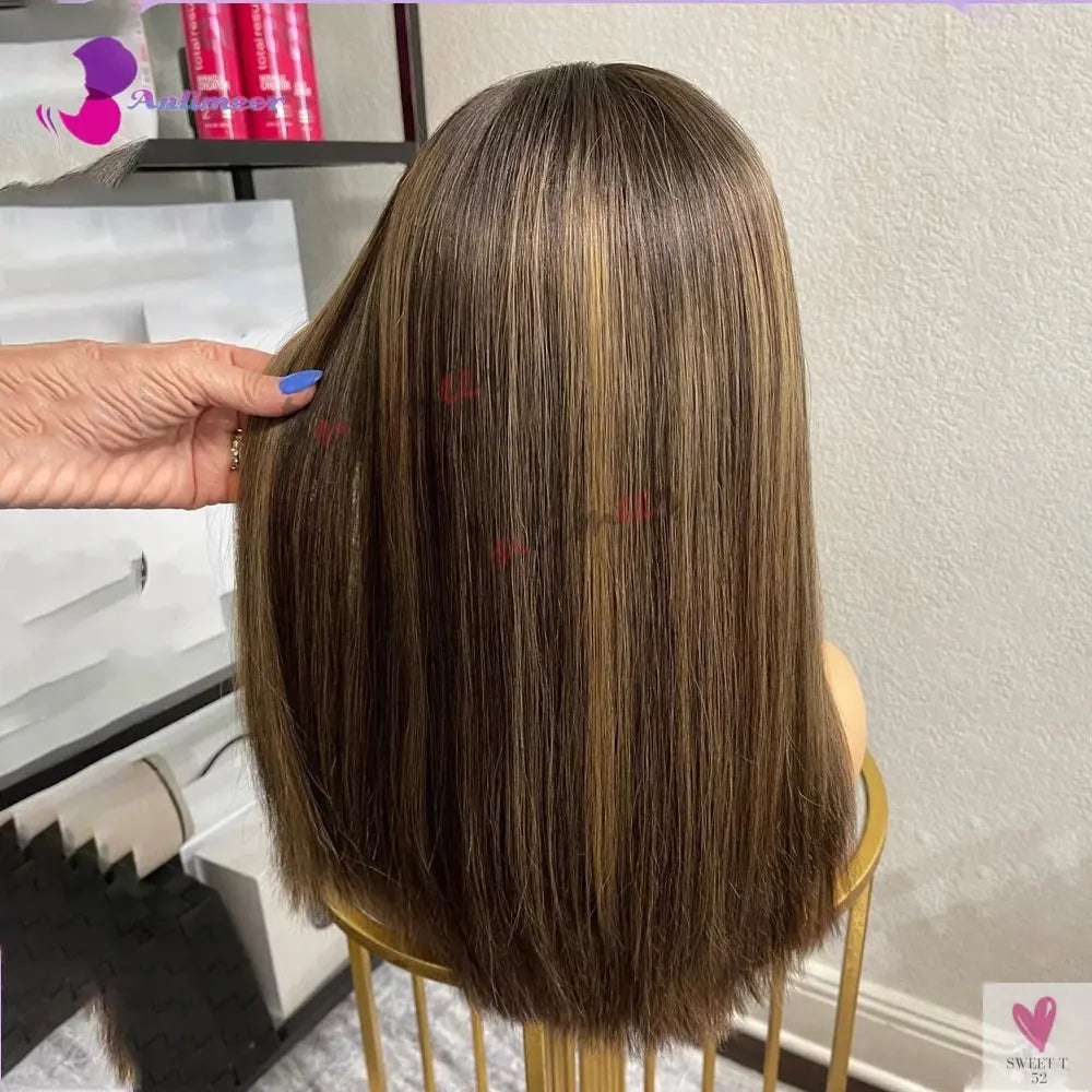 Highlight Brown Silk Base Wigs, Human Hair. Glueless Human Hair Wigs with Brown Roots, 200 Density Lace Front Wigs, Short Bob Wigs Sweet T 52