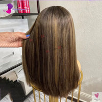 Highlight Brown Silk Base Wigs, Human Hair. Glueless Human Hair Wigs with Brown Roots, 200 Density Lace Front Wigs, Short Bob Wigs Sweet T 52