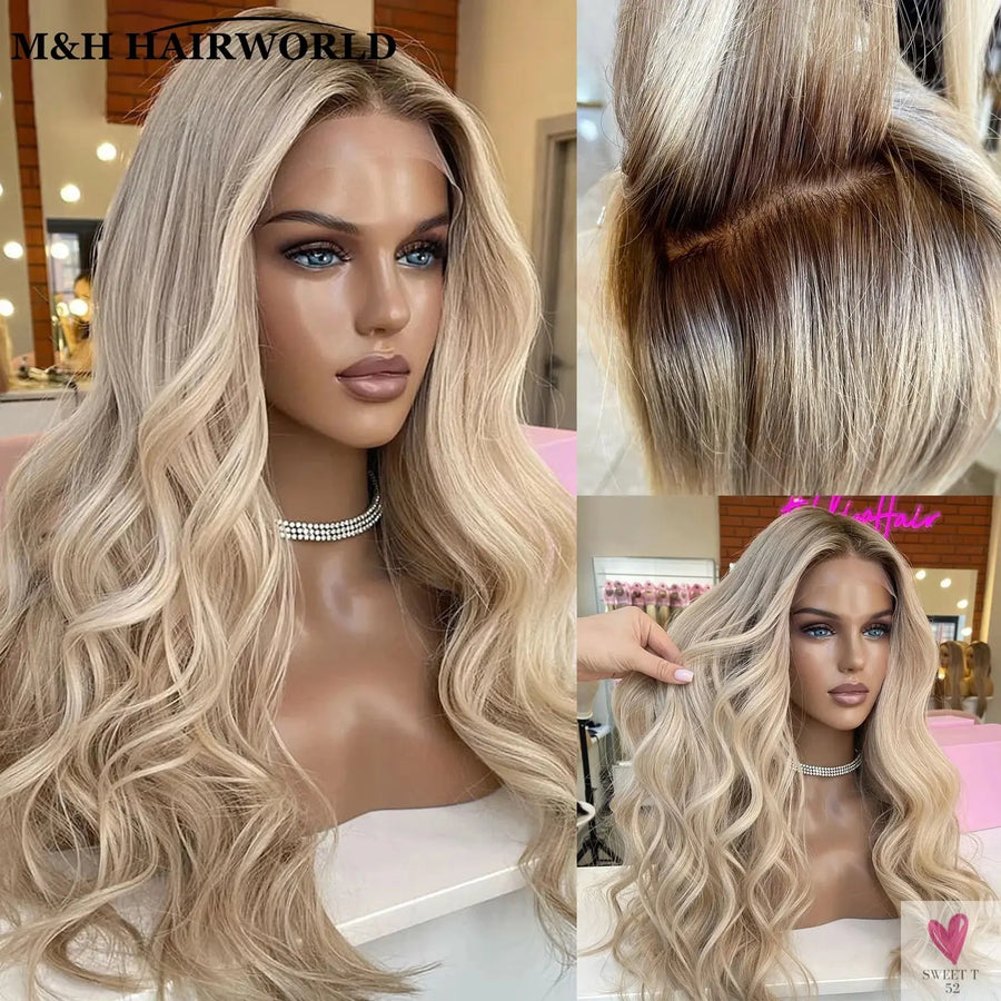 Highlight Ombre Ash Blonde Color Wig 13x3 Curly Synthetic Lace Front Wigs Baby Hair 30Inch Long Wavy Frontal Lace Wigs For Women Sweet T 52