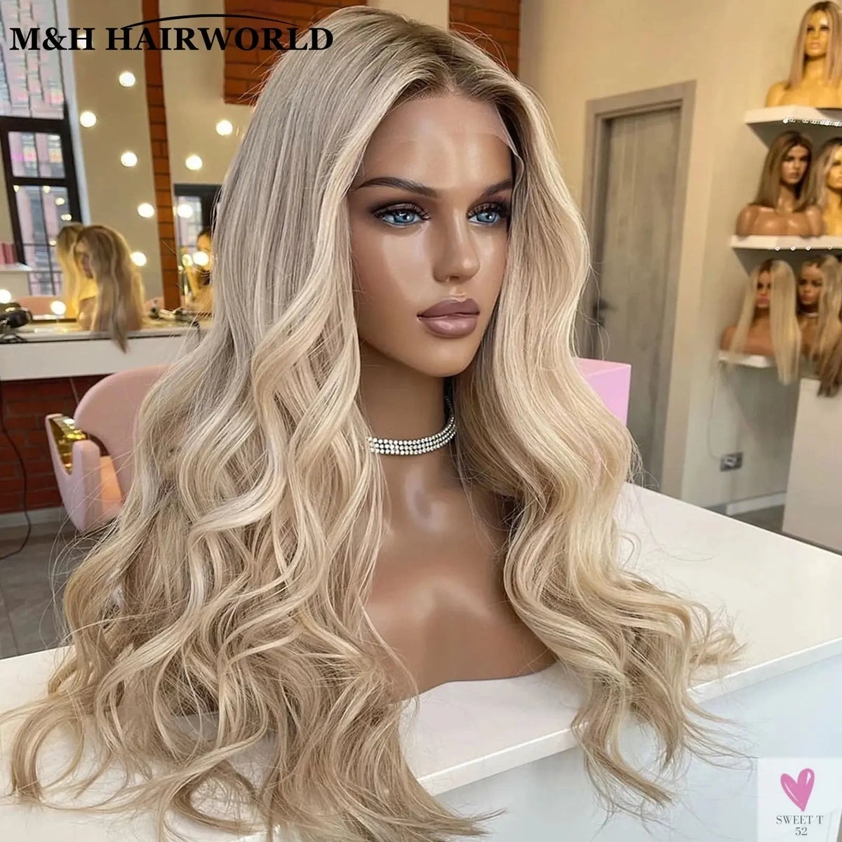 Highlight Ombre Ash Blonde Color Wig 13x3 Curly Synthetic Lace Front Wigs Baby Hair 30Inch Long Wavy Frontal Lace Wigs For Women Sweet T 52