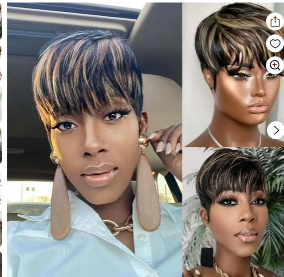 Short Human Hair Wigs - Full Machine Made Wigs, Straight, Highlights, Pixie Cut Wigs with bangs, Human Hair, for Women