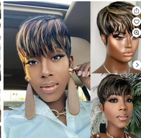 Short Human Hair Wigs - Full Machine Made Wigs, Straight, Highlights, Pixie Cut Wigs with bangs, Human Hair, for Women