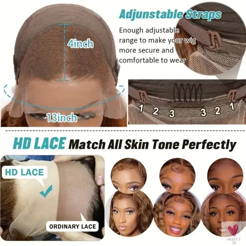 Highlights - Deep Wave Frontal Wigs, 13x6 Hd Brown Lace Human Hair Wigs, Glueless, Ready To Wear for Women Sweet T 52