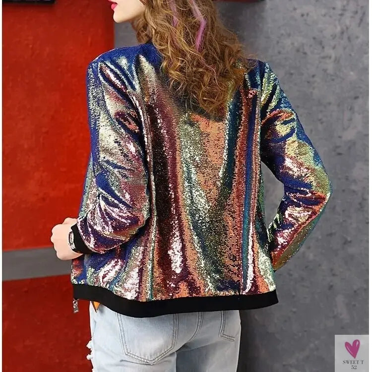 Hip Hop Sequined Night Club Jacket, Rainbow Gradient Patchwork, Round Neck, Long Sleeved Jacket for Women and Girls-Coats & Jackets-SWEET T 52