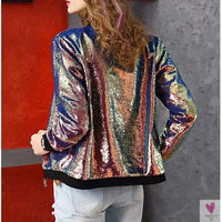 Hip Hop Sequined Night Club Jacket, Rainbow Gradient Patchwork, Round Neck, Long Sleeved Jacket for Women and Girls-Coats & Jackets-SWEET T 52