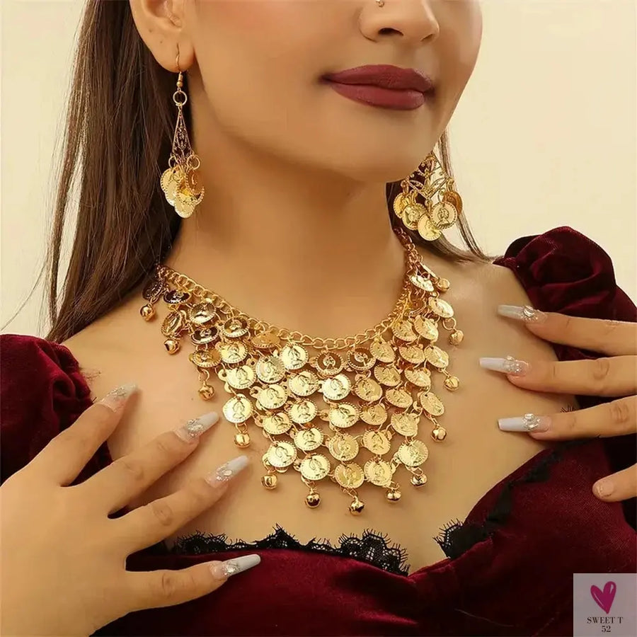 Indian Jewelry Set - Golden Alloy Portrait Coin Bell Tassel Choker Necklace/Earrings for Women Sweet T 52