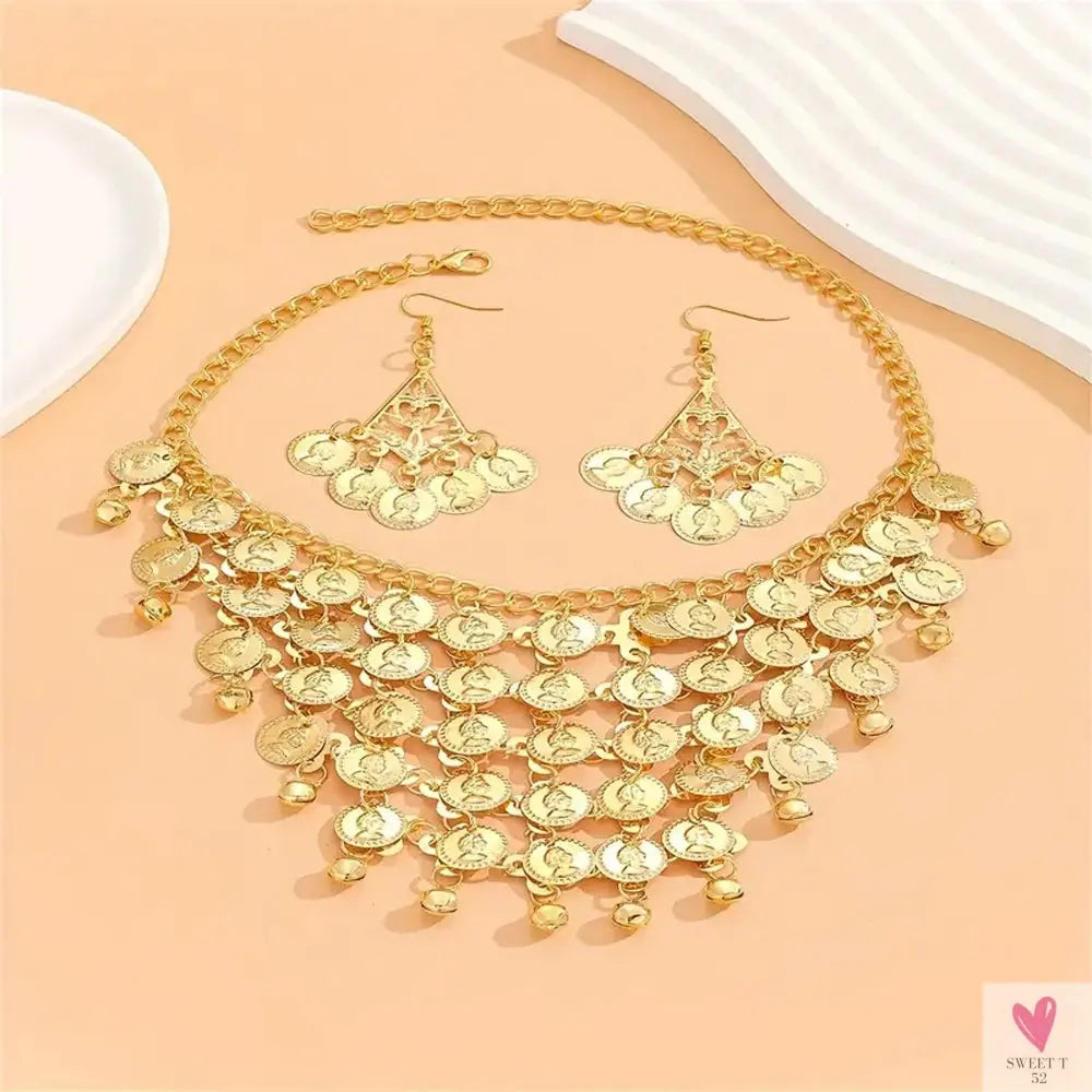 Indian Jewelry Set - Golden Alloy Portrait Coin Bell Tassel Choker Necklace/Earrings for Women Sweet T 52