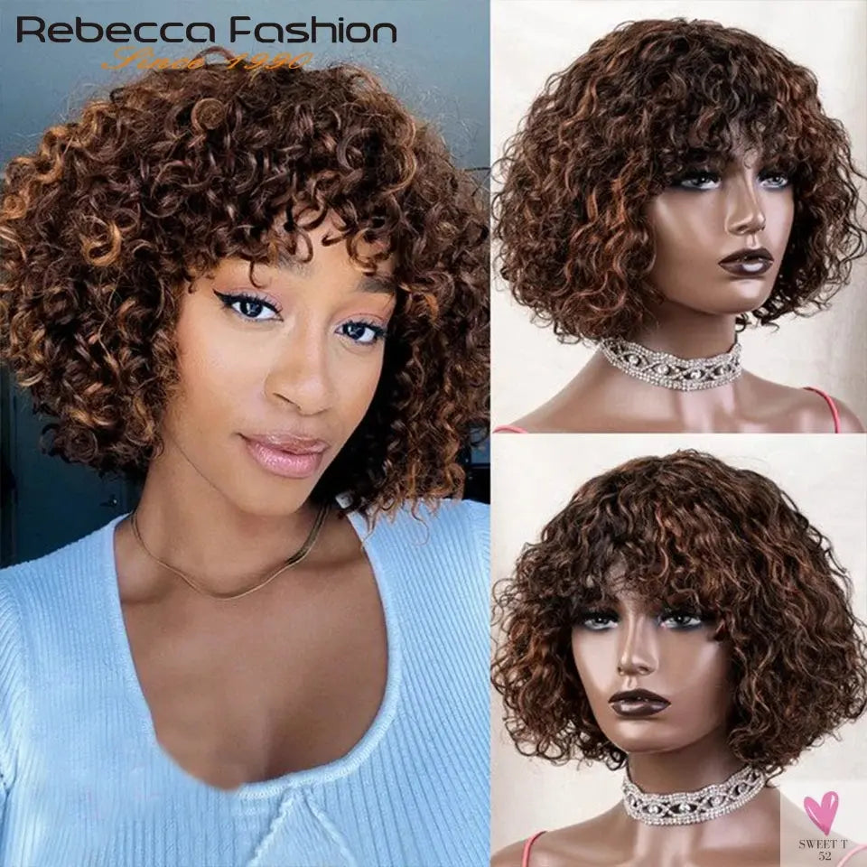 Jerry Curly Short Pixie Bob Cut Human Hair Wigs With Bang Honey Blonde Ombre Color For Black Women Remy Hair Full Machine Made Sweet T 52