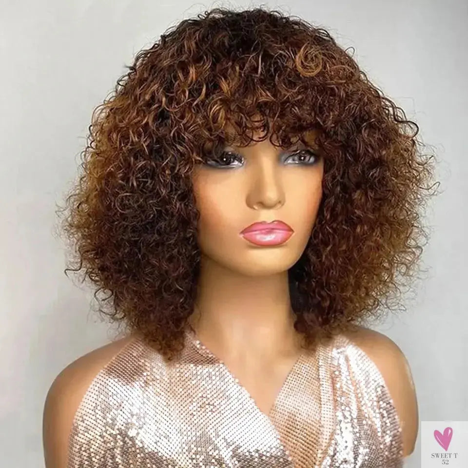 Jerry Curly Short Pixie Bob Cut Human Hair Wigs With Bang Honey Blonde Ombre Color For Black Women Remy Hair Full Machine Made Sweet T 52