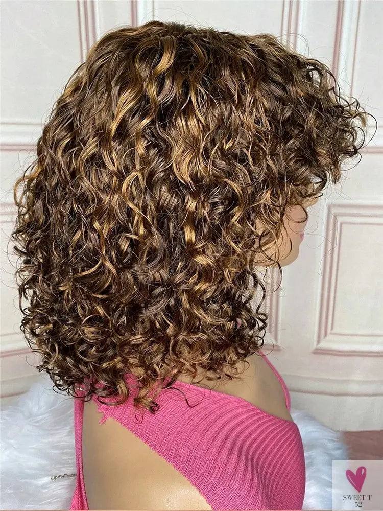 Jerry Curly Short Pixie Bob Cut Human Hair Wigs With Bang Honey Blonde Ombre Color For Black Women Remy Hair Full Machine Made Sweet T 52