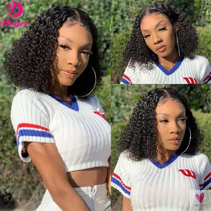Kinky Curly Edged Short Bob - Human Hair Transparent Lace Front Wigs for Women & Girls, Remy Human Hair SWEET T 52