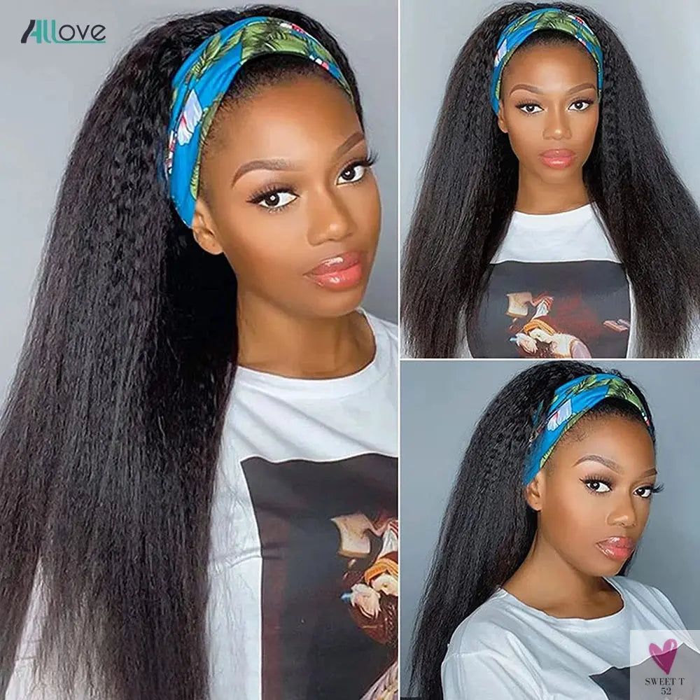 Kinky Straight Headband Glueless Wigs, Full Machine Made Wigs, 180/250% Density, Brazilian Remy Human Hair Scarf Wigs For Women-hair accessories-SWEET T 52