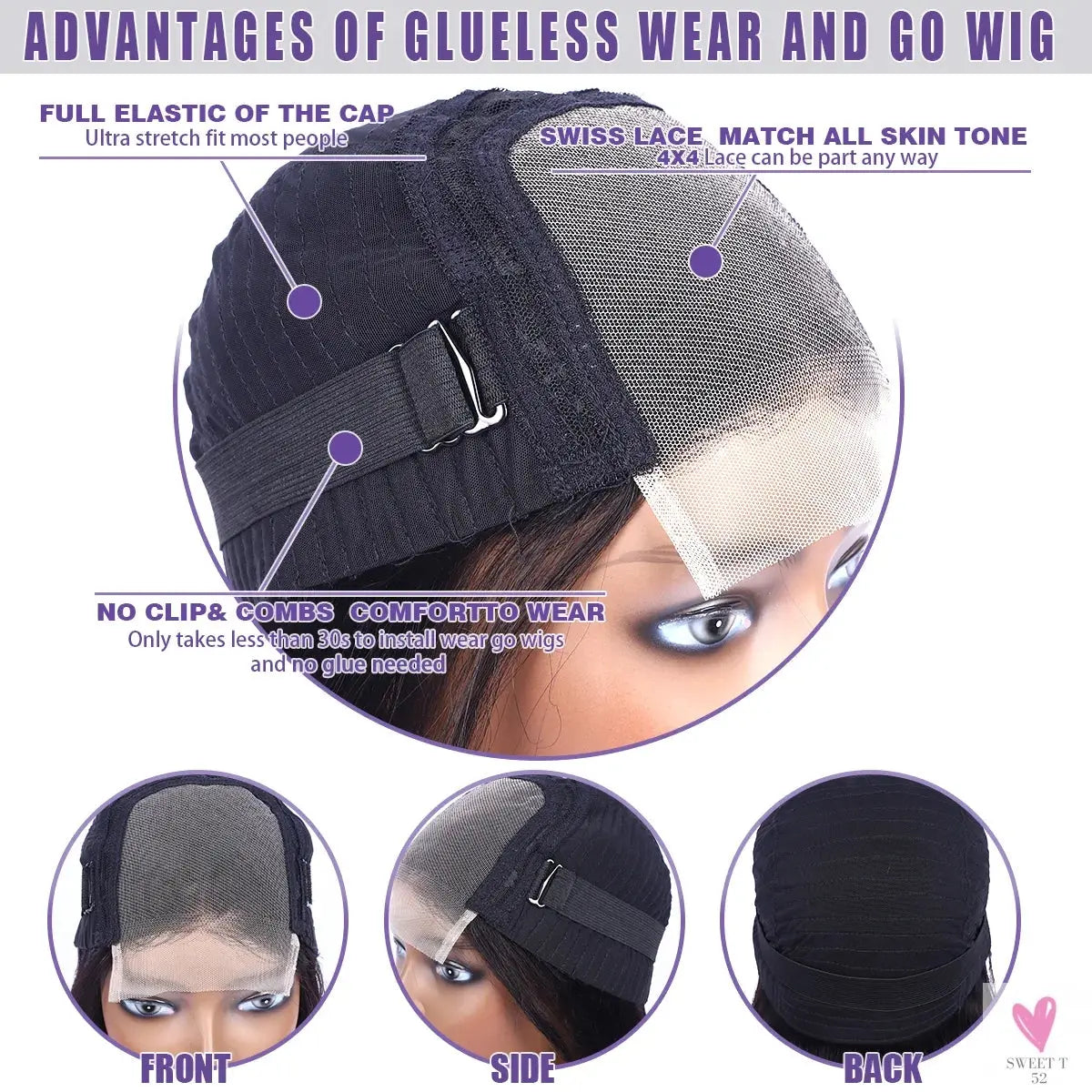 Kinky Straight Human Hair Wigs for Women - Glueless, Ready To Wear, 4x4 Hd Lace Front Brazilian Wigs-hair accessories-SWEET T 52