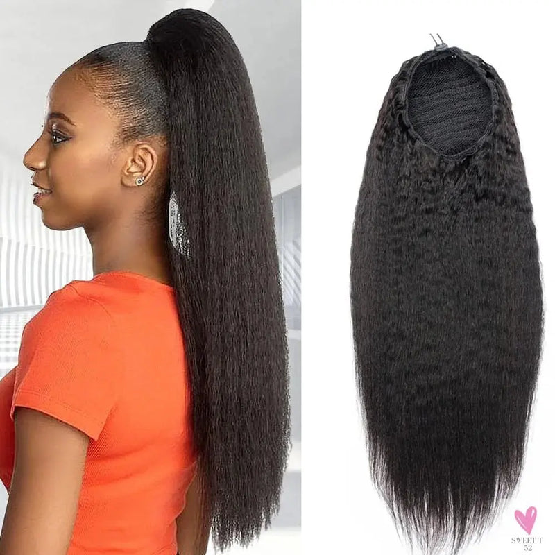 Kinky Straight Ponytail Human Hair Extension 100% Real Hair Wrap Around Drawstring In Ponytail Natural Black 1b 100g For Women Sweet T 52