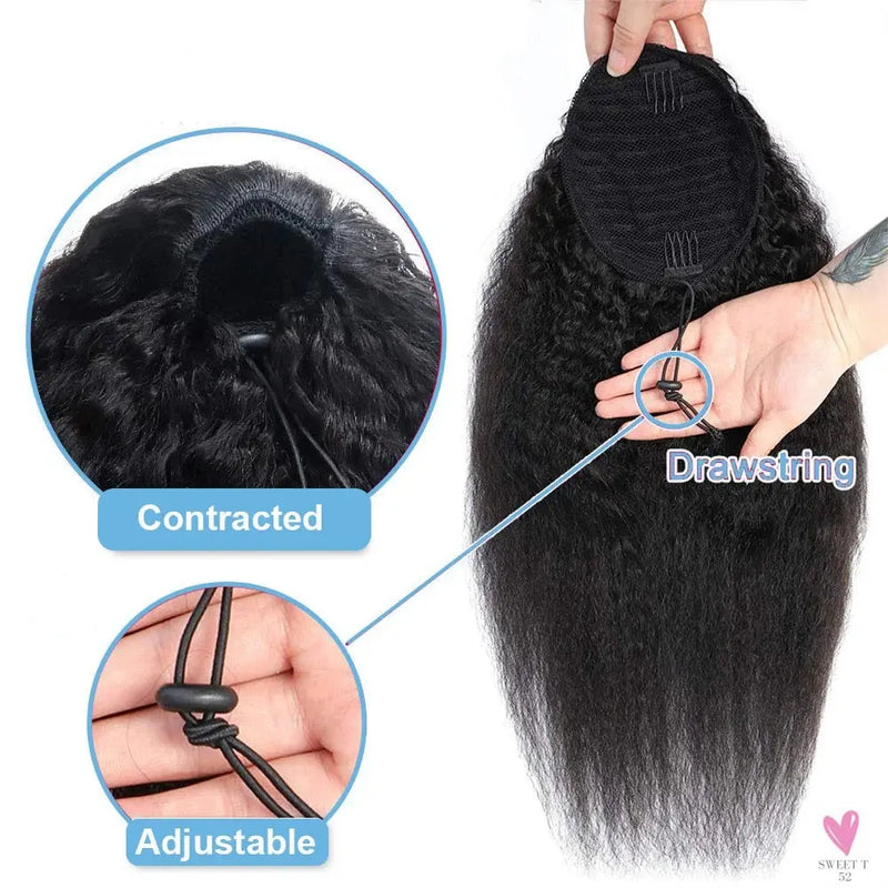Kinky Straight Ponytail Human Hair Extension 100% Real Hair Wrap Around Drawstring In Ponytail Natural Black 1b 100g For Women Sweet T 52