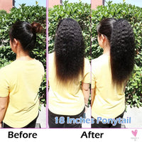 Kinky Straight Ponytail Human Hair Extension 100% Real Hair Wrap Around Drawstring In Ponytail Natural Black 1b 100g For Women Sweet T 52