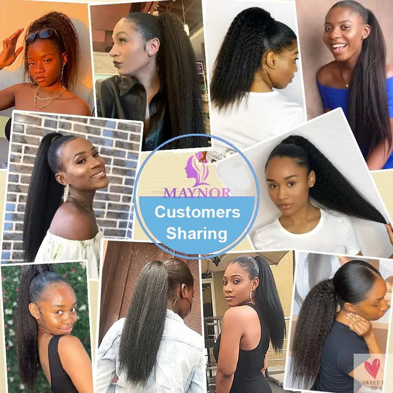 Kinky Straight Ponytail Human Hair Extension 100% Real Hair Wrap Around Drawstring In Ponytail Natural Black 1b 100g For Women Sweet T 52
