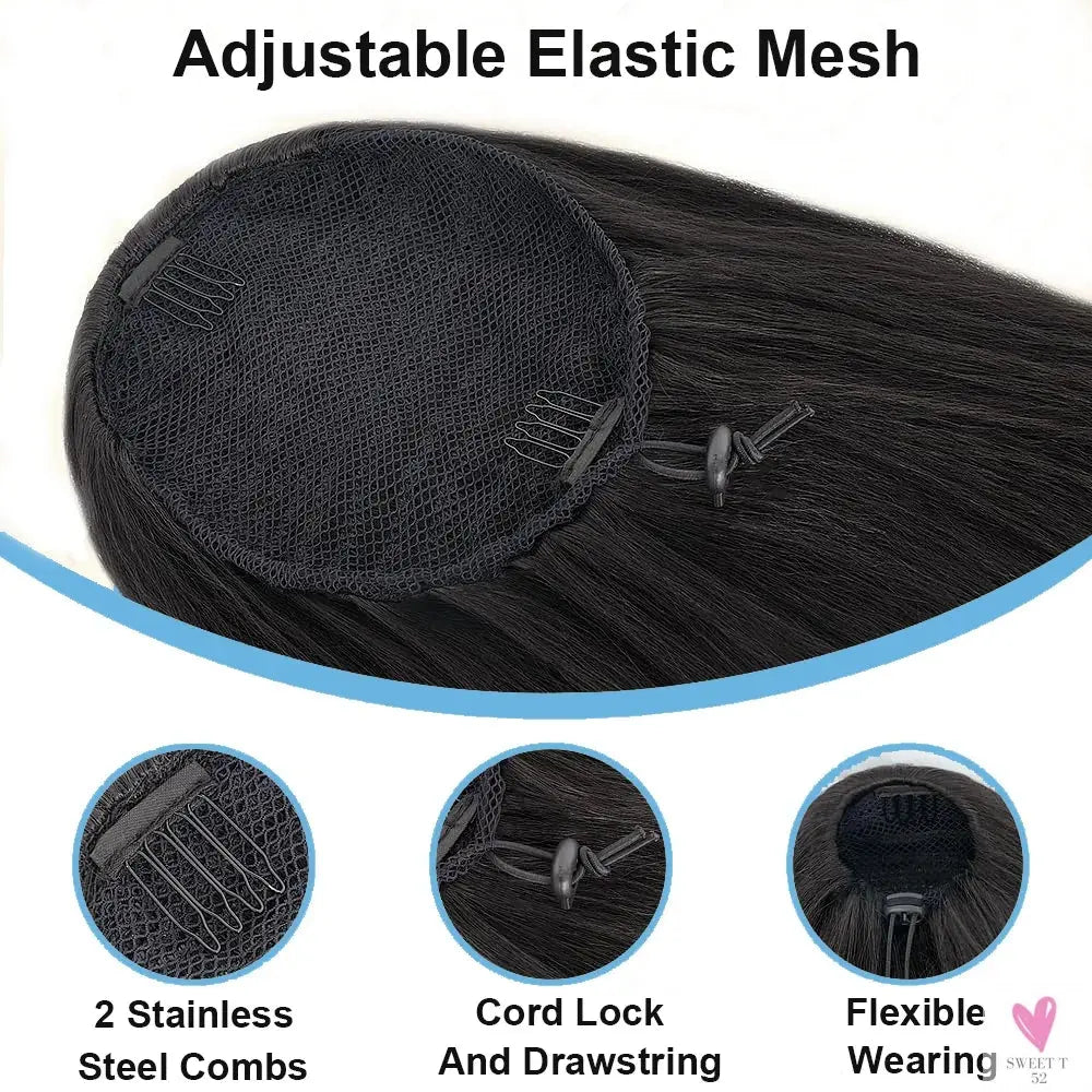 Kinky Straight Ponytail Human Hair Extension - 100% Real Hair Wrap Around Drawstring In Ponytail for Women Sweet T 52