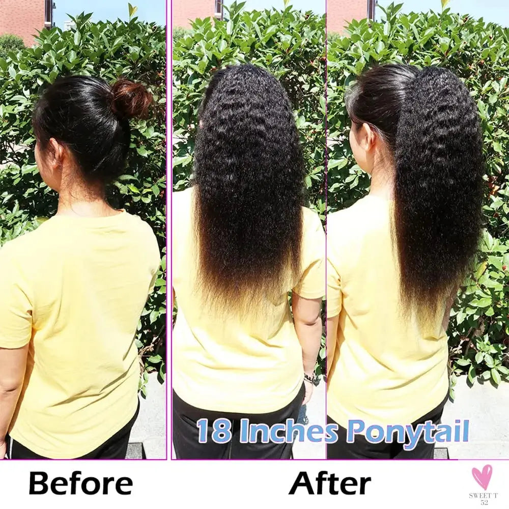 Kinky Straight Ponytail Human Hair Extension - 100% Real Hair Wrap Around Drawstring In Ponytail for Women Sweet T 52