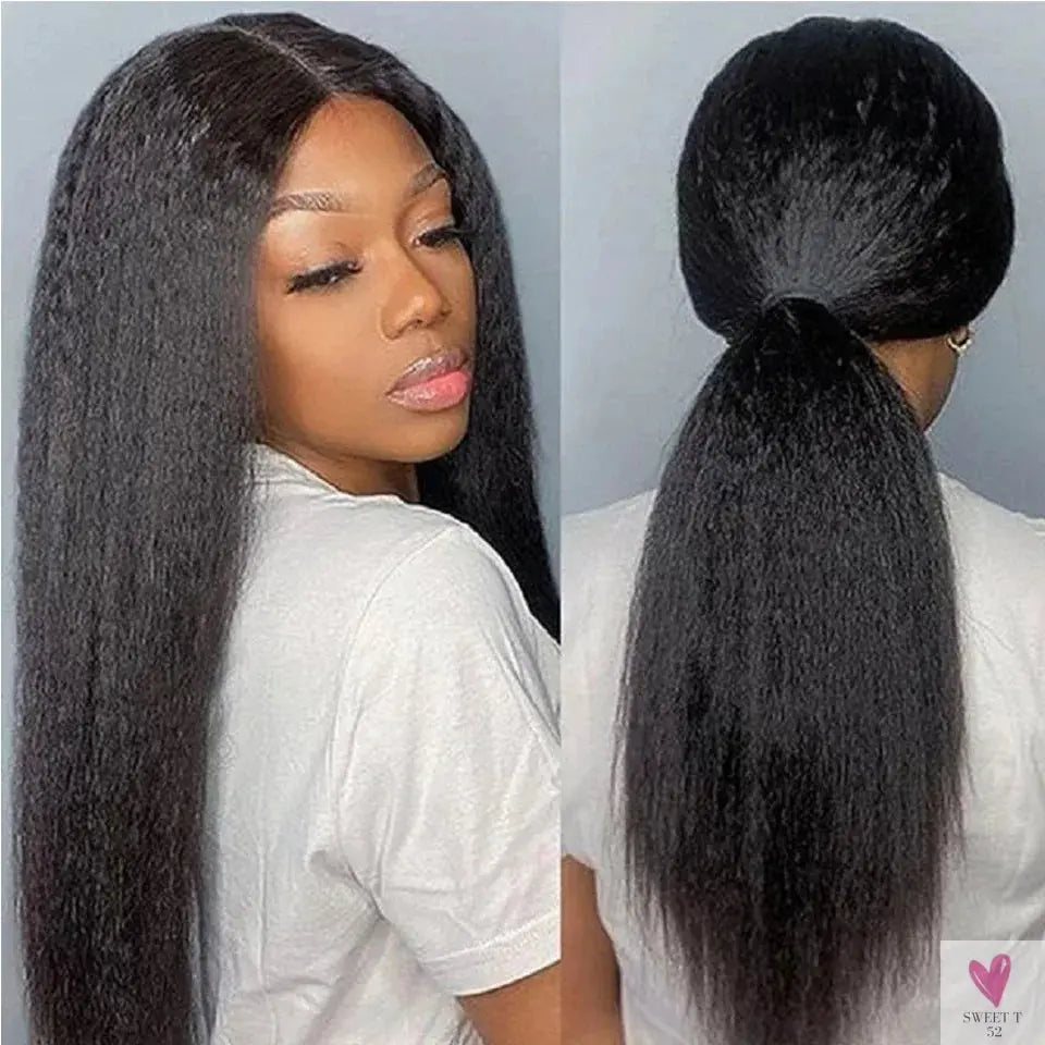 Kinky Straight Yaki Lace Frontal Human Hair Wigs, Glueless Wigs, Easy To Wear, Brazilian Sweet T 52