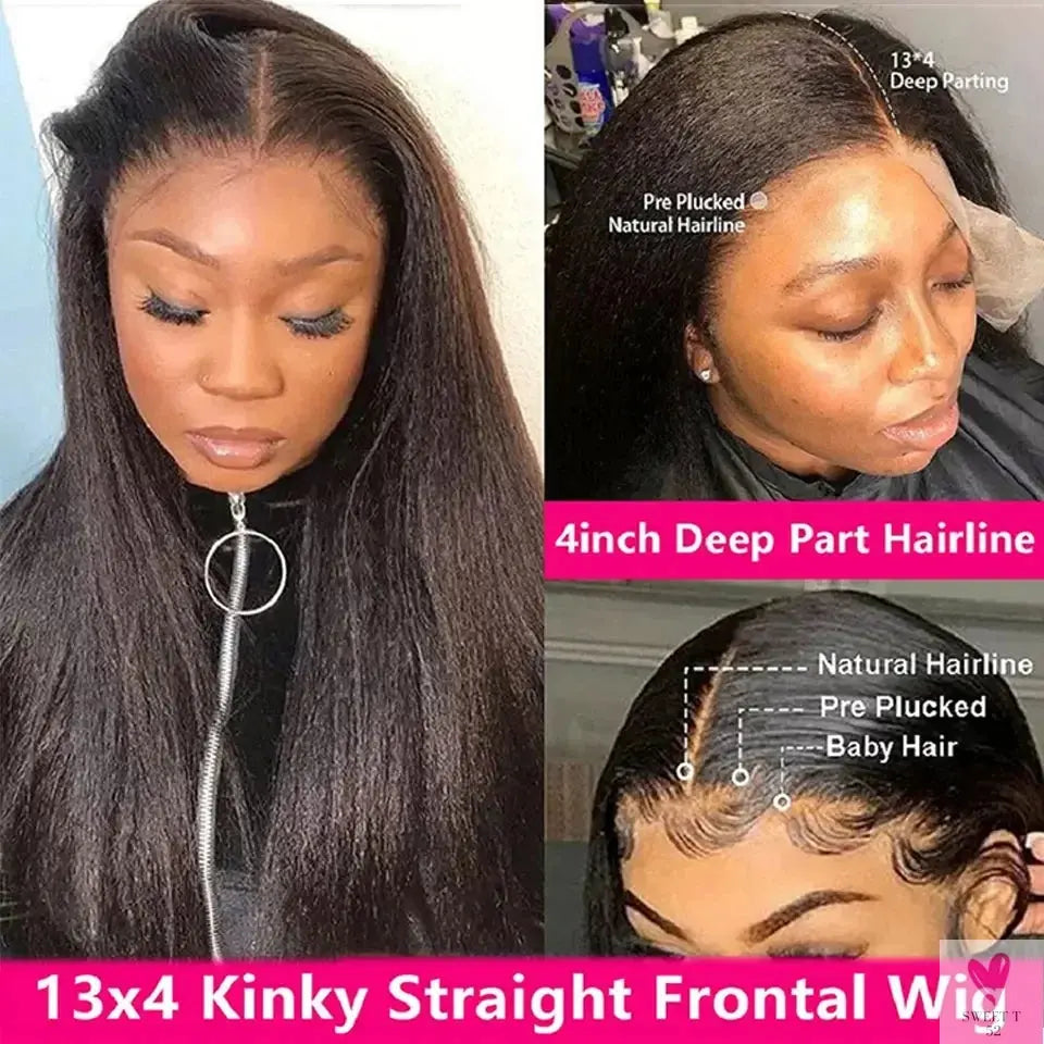 Kinky Straight Yaki Lace Frontal Human Hair Wigs, Glueless Wigs, Easy To Wear, Brazilian Sweet T 52