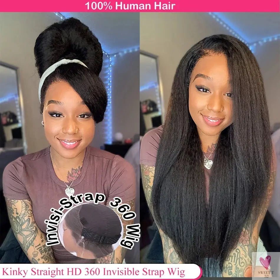 Kinky Straight, Invisible Strap, 360 Full Lace Glueless Wig - Human Hair Pre Cut HD 360 Lace Front Wig, Pre-Plucked Human Hair Wigs Sweet T 52