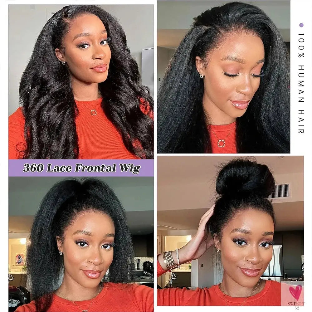 Kinky Straight, Invisible Strap, 360 Full Lace Glueless Wig - Human Hair Pre Cut HD 360 Lace Front Wig, Pre-Plucked Human Hair Wigs Sweet T 52