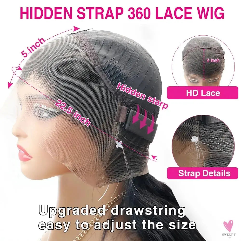 Kinky Straight, Invisible Strap, 360 Full Lace Glueless Wig - Human Hair Pre Cut HD 360 Lace Front Wig, Pre-Plucked Human Hair Wigs Sweet T 52