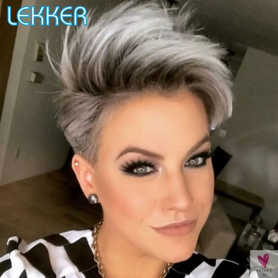 Lace Pixie Part Human Hair Short Straight Bob With Bangs - Brazilian Remy Wigs, Natural, Glueless Ombre Colors for Women and Girls