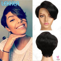 Lace Pixie Part Human Hair Short Straight Bob With Bangs - Brazilian Remy Wigs, Natural, Glueless Ombre Colors for Women and Girls