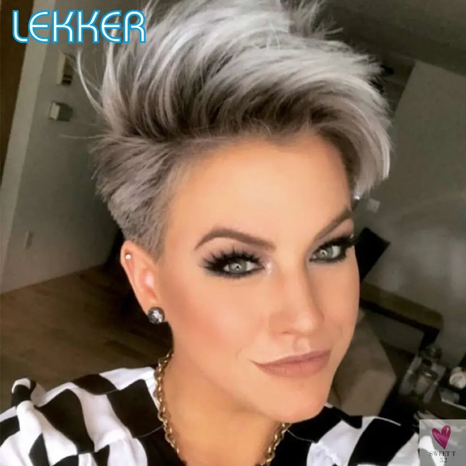 Lace Pixie Part Human Hair Short Straight Bob With Bangs - Brazilian Remy Wigs, Natural, Glueless Ombre Colors for Women and Girls