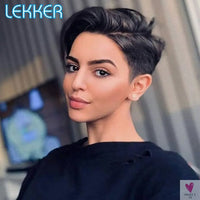 Lace Pixie Part Human Hair Short Straight Bob With Bangs - Brazilian Remy Wigs, Natural, Glueless Ombre Colors for Women and Girls