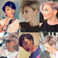 Lace Pixie Part Human Hair Short Straight Bob With Bangs - Brazilian Remy Wigs, Natural, Glueless Ombre Colors for Women and Girls