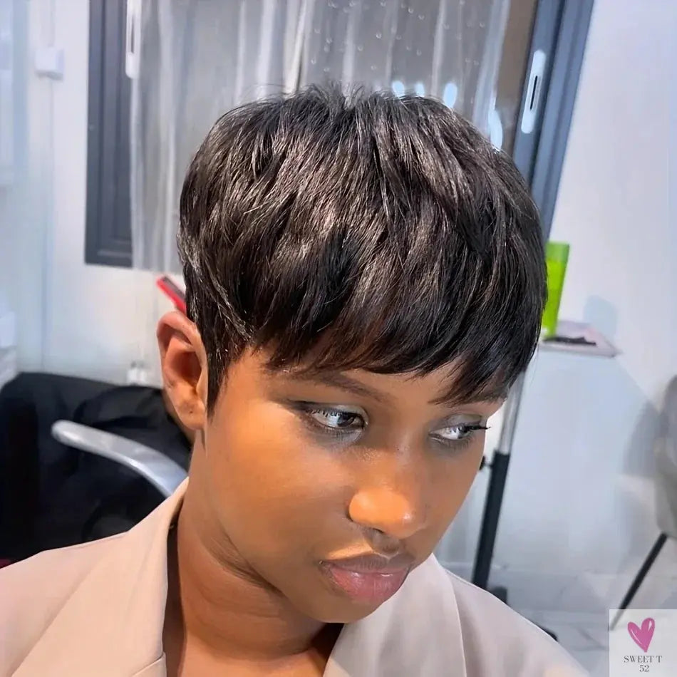 Layered Short Pixie Cut Wig  Remy Brazilian Human Hair Full Machine-Made Wig for Women, Sweet T 52