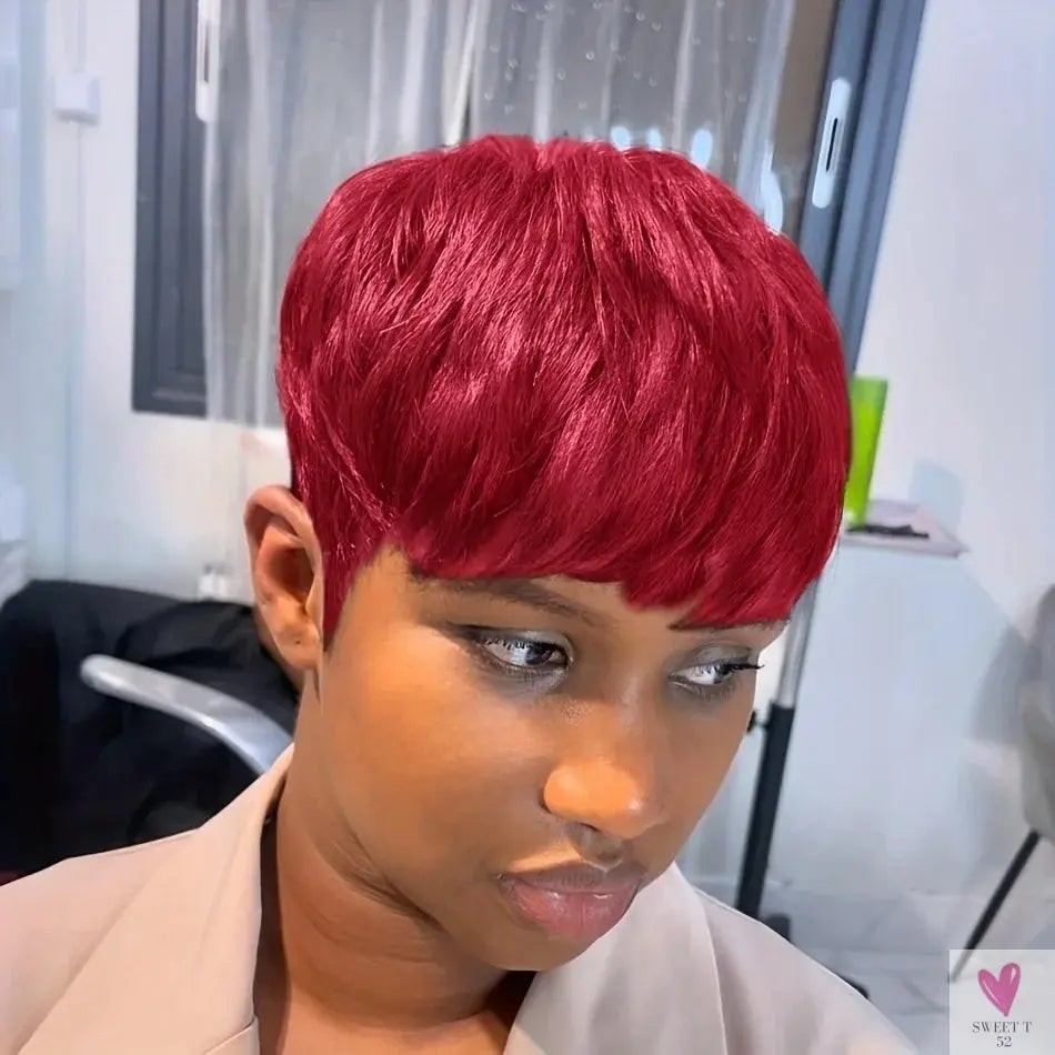 Layered Short Pixie Cut Wig  Remy Brazilian Human Hair Full Machine-Made Wig for Women, Sweet T 52