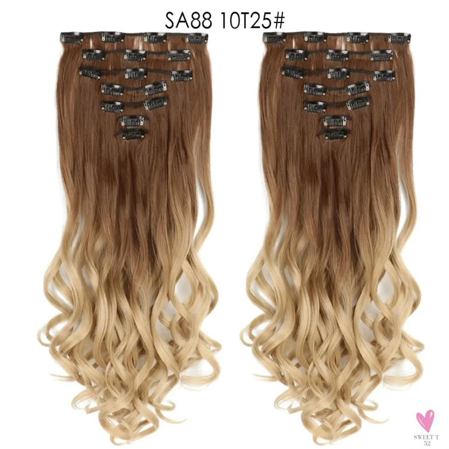 Linwan Synthetic 24Inchs 16 Clips in Hair Extensions Long Wavy Hairstyle Blonde Black Hairpieces Heat Resistant False Hair Sweet T 52