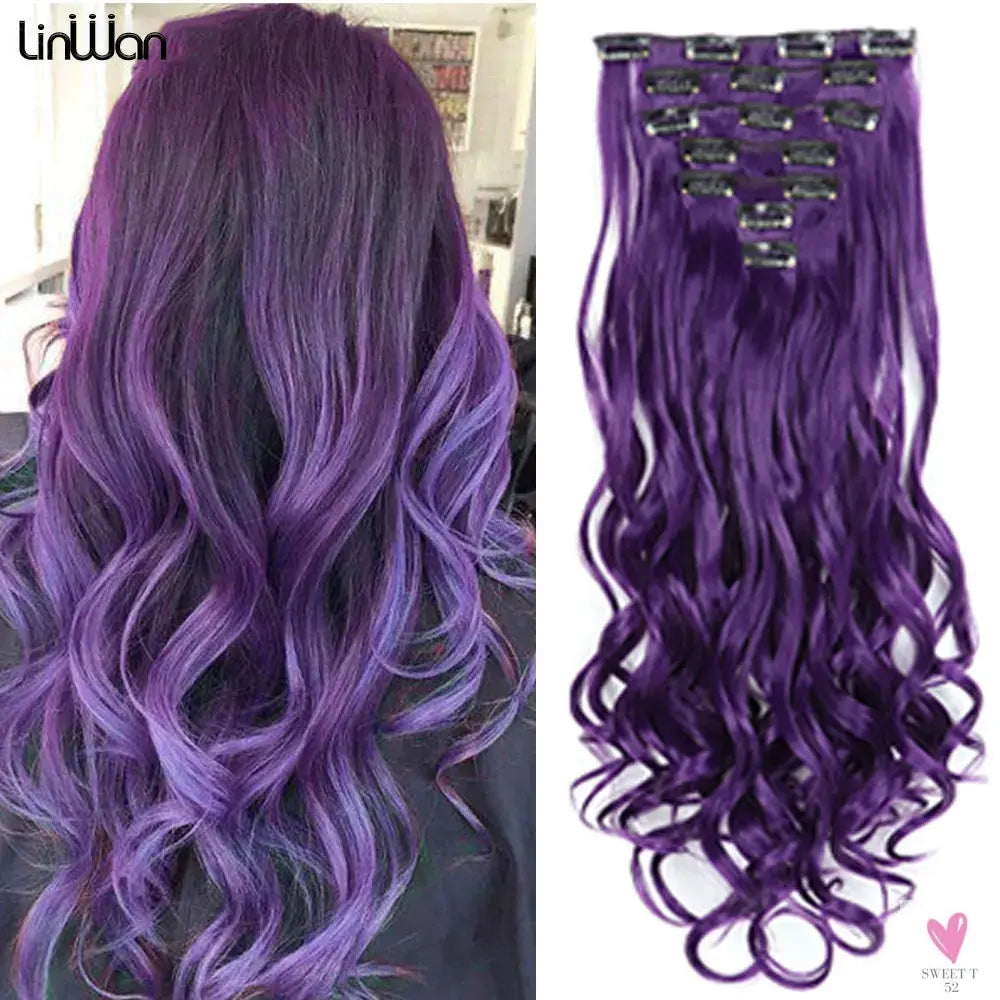 Linwan Synthetic 24Inchs 16 Clips in Hair Extensions Long Wavy Hairstyle Blonde Black Hairpieces Heat Resistant False Hair Sweet T 52