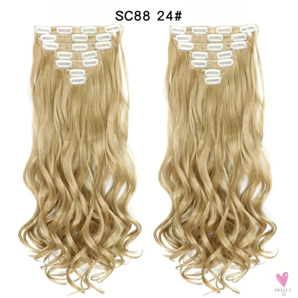 Linwan Synthetic 24Inchs 16 Clips in Hair Extensions Long Wavy Hairstyle Blonde Black Hairpieces Heat Resistant False Hair Sweet T 52
