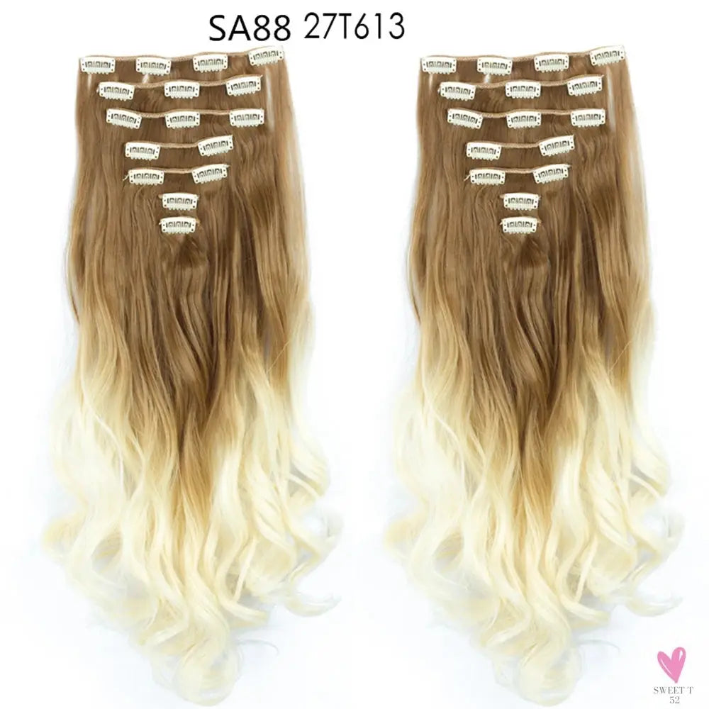 Linwan Synthetic 24Inchs 16 Clips in Hair Extensions Long Wavy Hairstyle Blonde Black Hairpieces Heat Resistant False Hair Sweet T 52