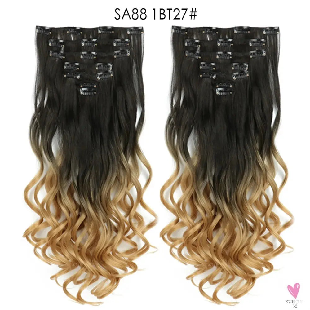 Linwan Synthetic 24Inchs 16 Clips in Hair Extensions Long Wavy Hairstyle Blonde Black Hairpieces Heat Resistant False Hair Sweet T 52