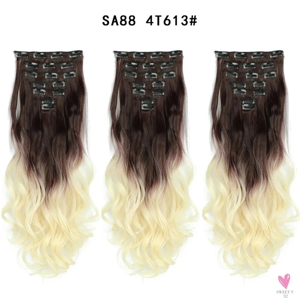 Linwan Synthetic 24Inchs 16 Clips in Hair Extensions Long Wavy Hairstyle Blonde Black Hairpieces Heat Resistant False Hair Sweet T 52