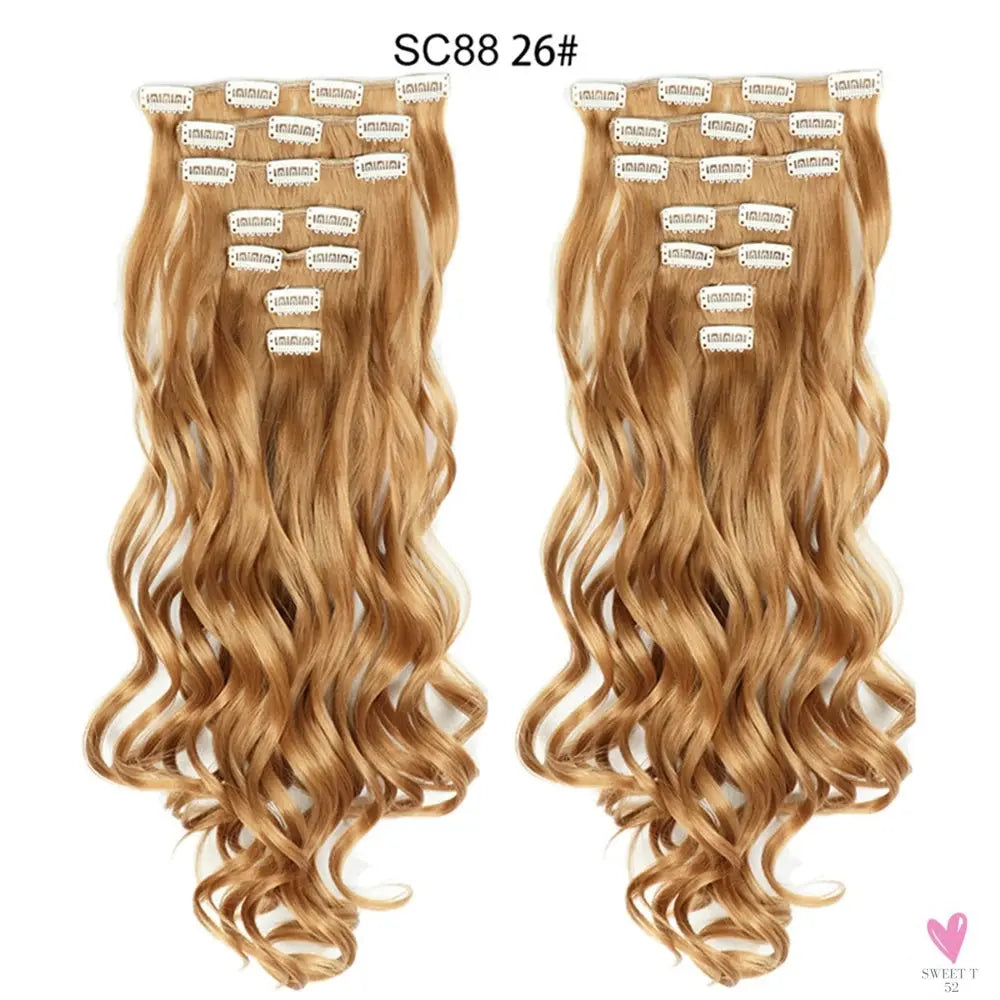 Linwan Synthetic 24Inchs 16 Clips in Hair Extensions Long Wavy Hairstyle Blonde Black Hairpieces Heat Resistant False Hair Sweet T 52