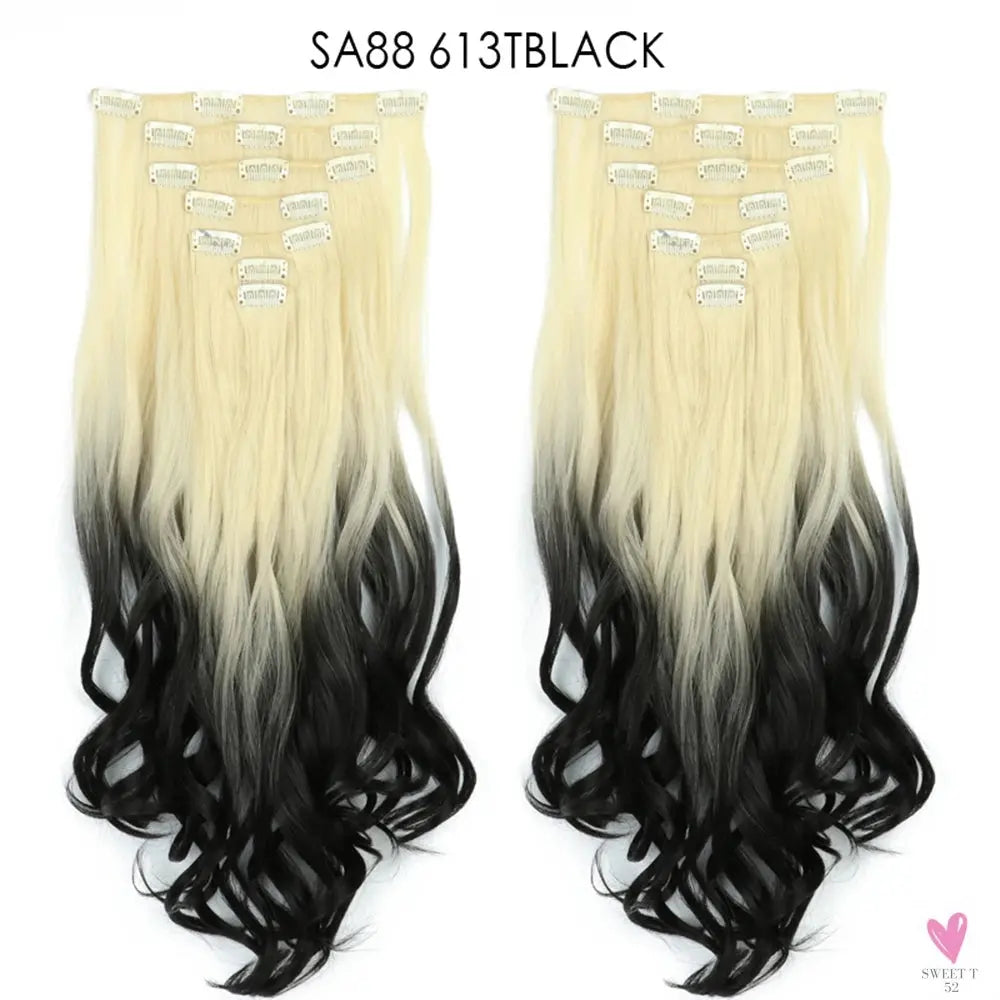 Linwan Synthetic 24Inchs 16 Clips in Hair Extensions Long Wavy Hairstyle Blonde Black Hairpieces Heat Resistant False Hair Sweet T 52